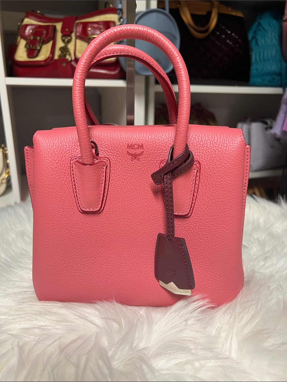 MCM Coral Pink Leather Top-Handle Satchel with Burgundy Tag